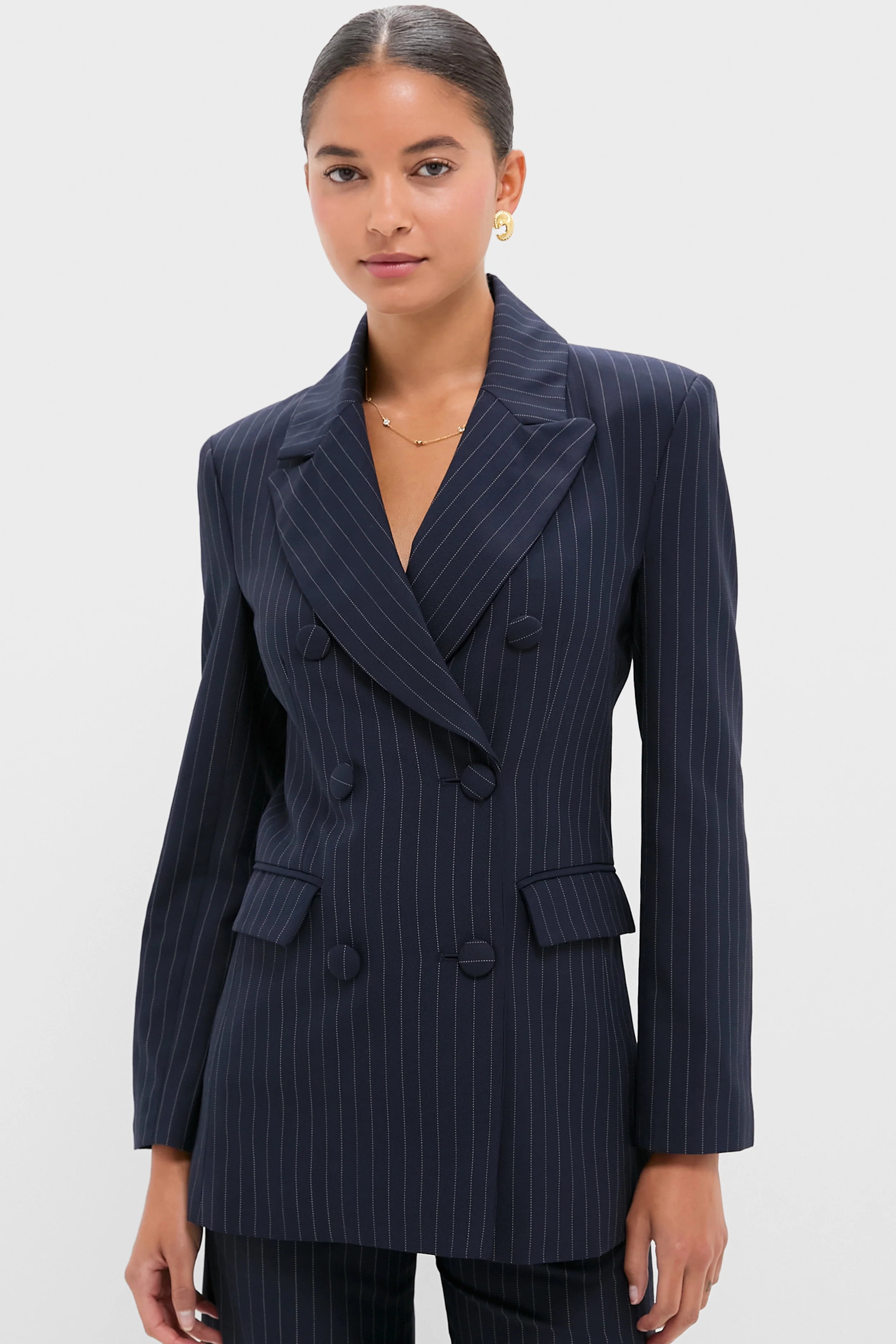 Navy Pinstripe Strong Shoulder Blazer | Tuckernuck (US)