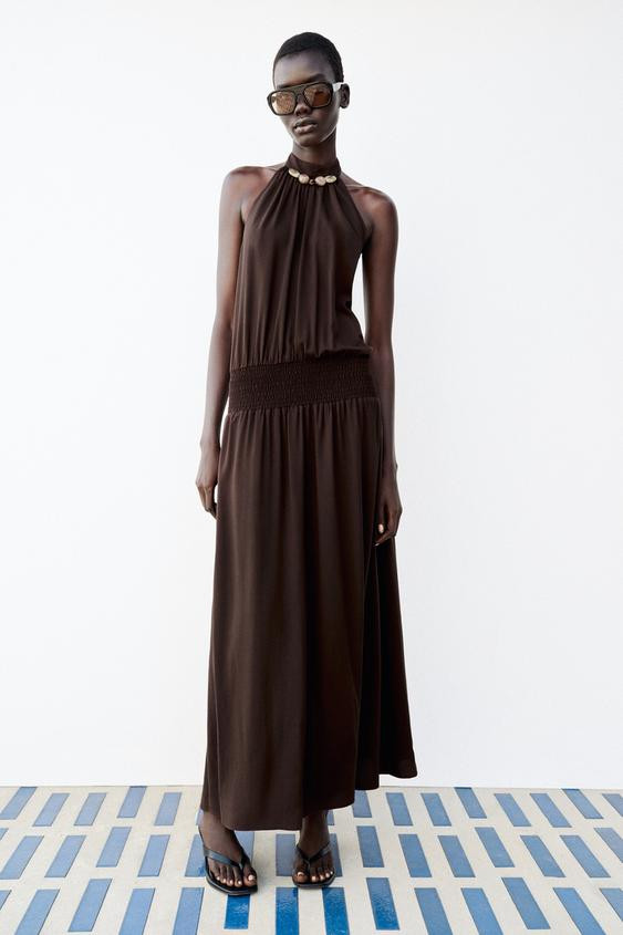Zara - Beaded Halter Dress - Brown - L - Woman | Zara US