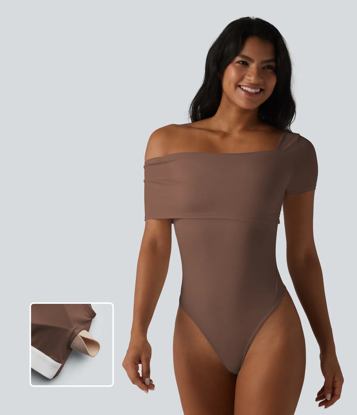 Women’s Asymmetrical Neck Short Sleeve Built-in Bra Casual Bodysuit - Halara | HALARA