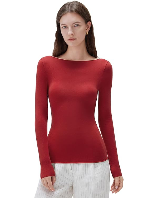 SUUKSESS Cloud Cashmere Women Boat Neck Fitted Long Sleeve Shirt Basic Knit Tops | Amazon (US)
