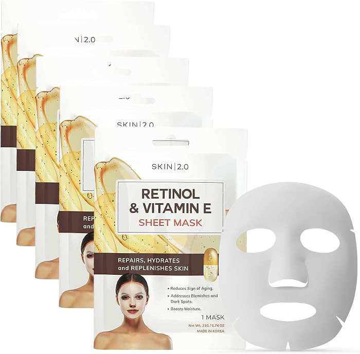 Skin 2.0 Retinol & Vitamin E Sheet Mask - Anti-Aging, Acne Scar & Hyperpigmentation - Hydrating, ... | Amazon (US)