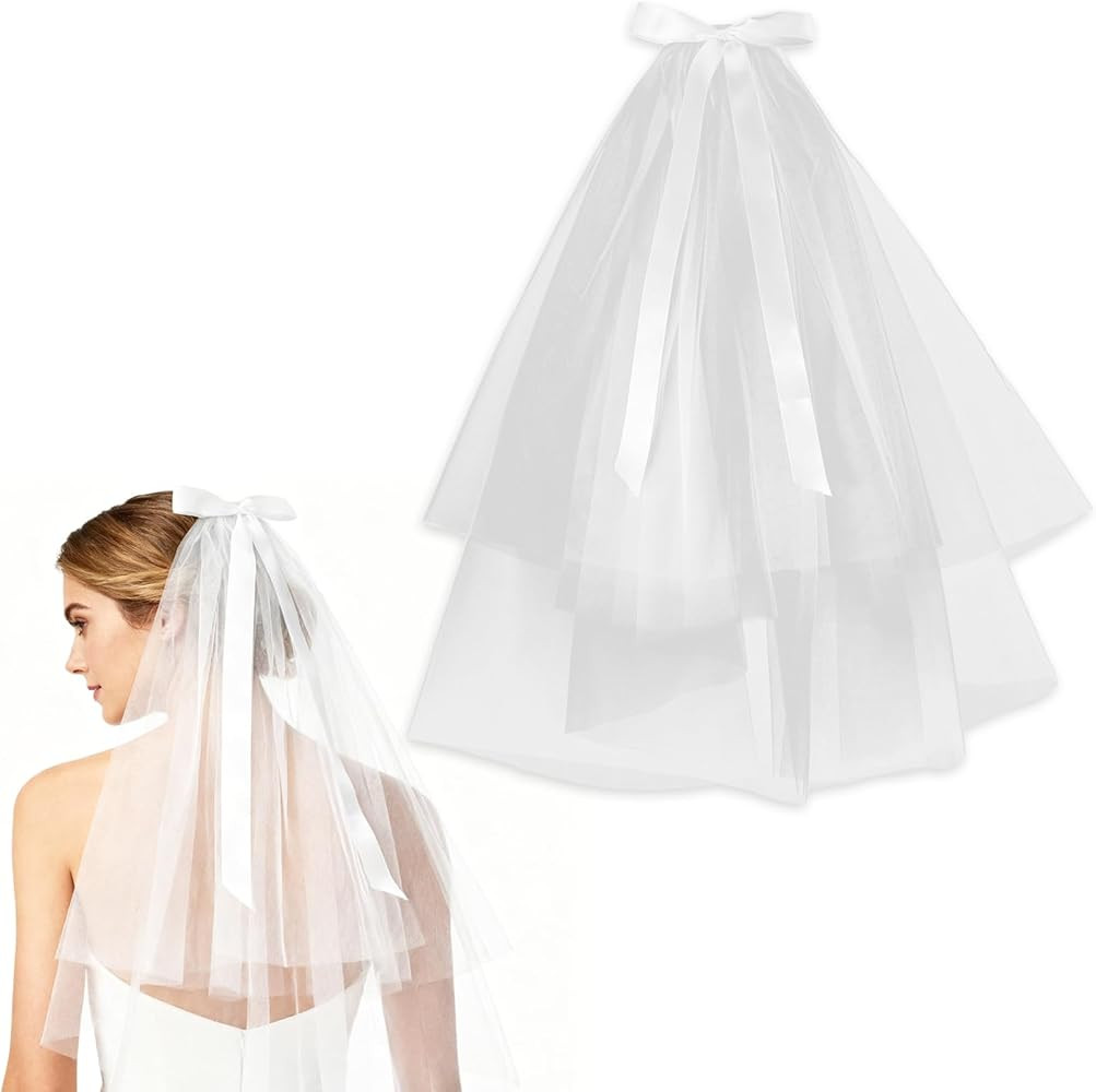 White Bow Bridal Veil Short Headwear Short 2 Tier Wedding Bridal Veil Tulle Bridals Shorts Veils ... | Amazon (US)