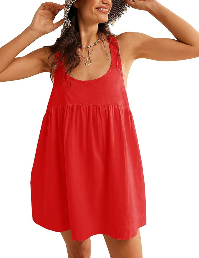 Womens Summer Dresses Sleeveless Square Neck Mini Dress Open Back Casual Babydoll Sundress | Amazon (US)