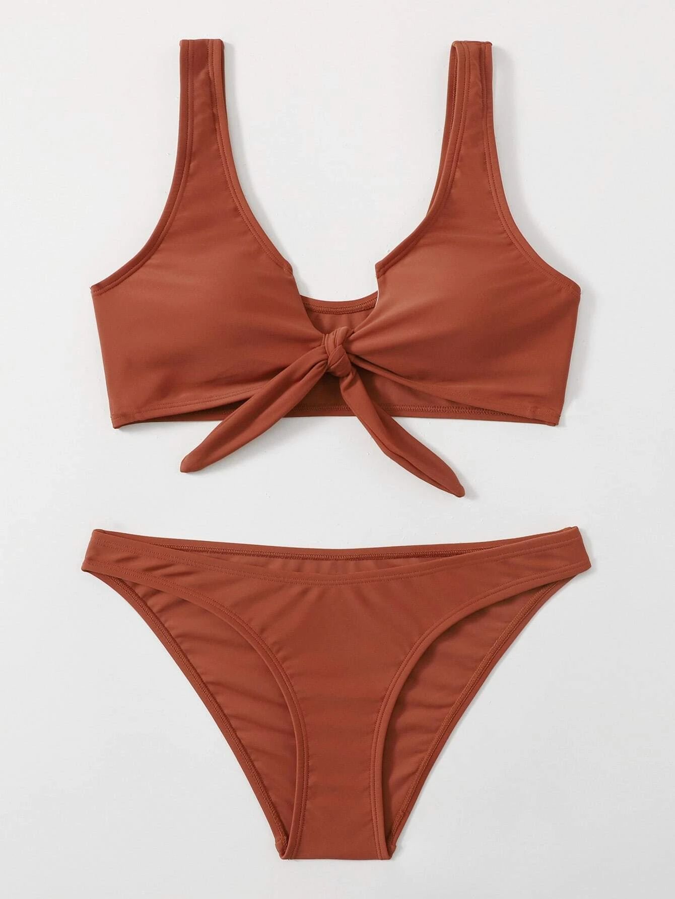 Solid Knot Front Bikini Swimsuit | SHEIN