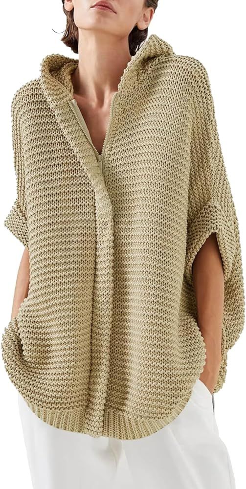 Goranbon Women's Oversized Zip Up Hoodie Sweaters Fashion Open Front Short Sleeve Crochet Knit Ca... | Amazon (US)