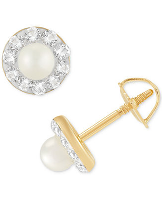 Children's Cultured Freshwater Pearl (3mm) and Crystal Stud Earrings in 14k Gold | Macy's