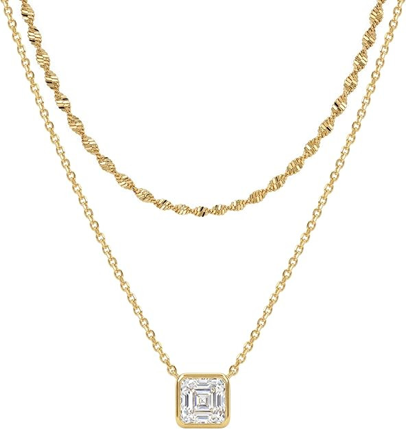 TONTMY STUDIOS Layered Gold Necklace for Women 14K Gold Plated Small Dainty CZ Pendant Layering G... | Amazon (US)