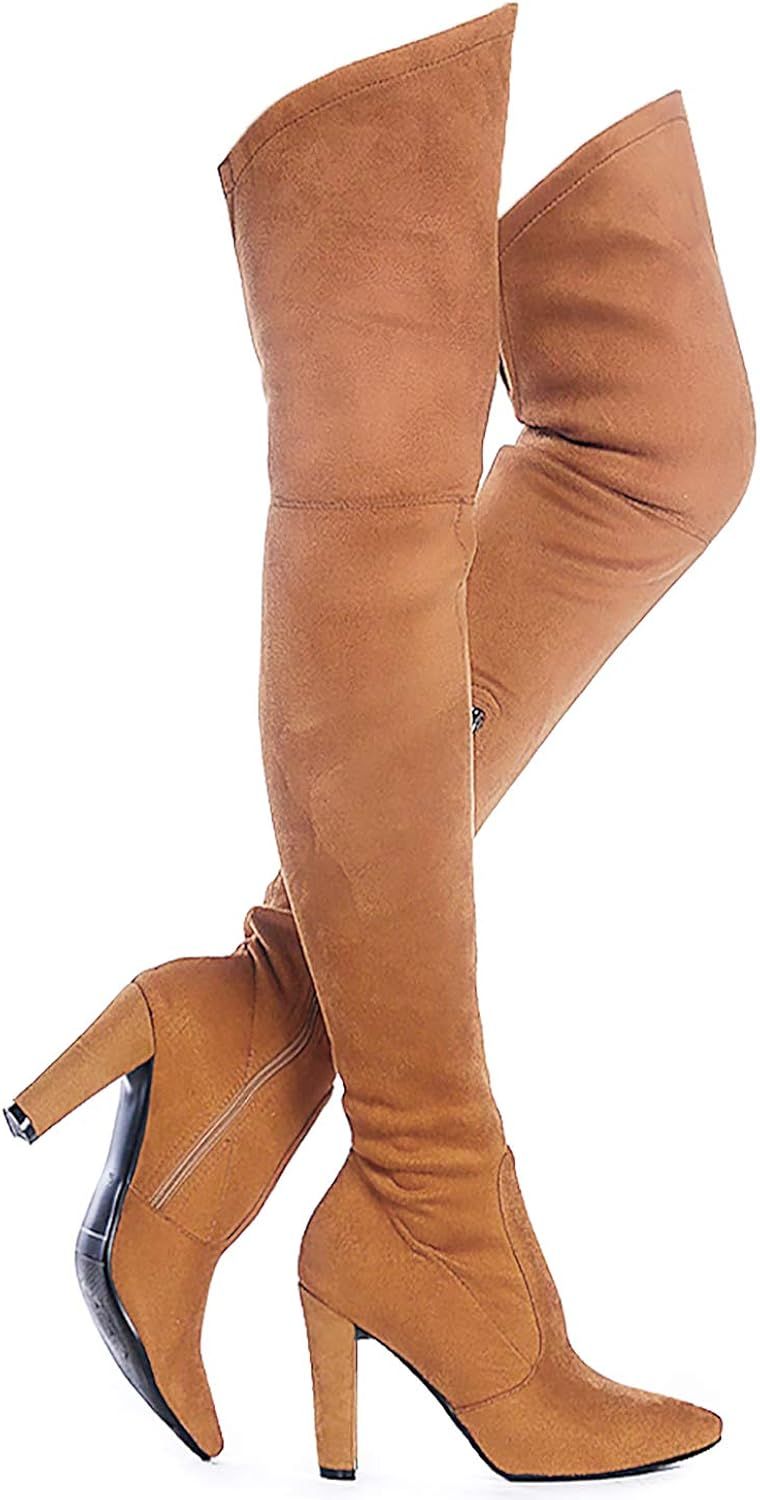 Shoe'N Tale Women Stretch Suede Chunky Heel Thigh High Over The Knee Boots | Amazon (US)