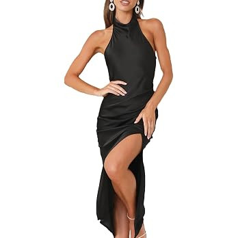 Satin Halter Backless Silt Midi Dress for Women 2024 Elegant Formal High Neck Cowl Back Silk Wedd... | Amazon (US)