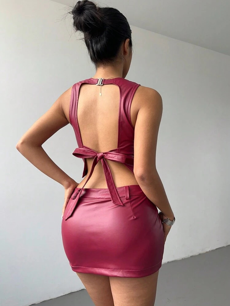 Aloruh 2pcs Women Set - Solid Color Tie-Strap Backless Sleeveless Top & Bodycon Mini Skirt | SHEIN