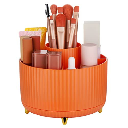 RAMFIYN orange 360° Rotating Makeup Organizer, 5 Top Compartments Makeup Brush Holder, Makeup Brush Cups for Vanity Decor, Lipstick Holder for Bathroom Counter, Cosmetic Organize | Amazon (US)
