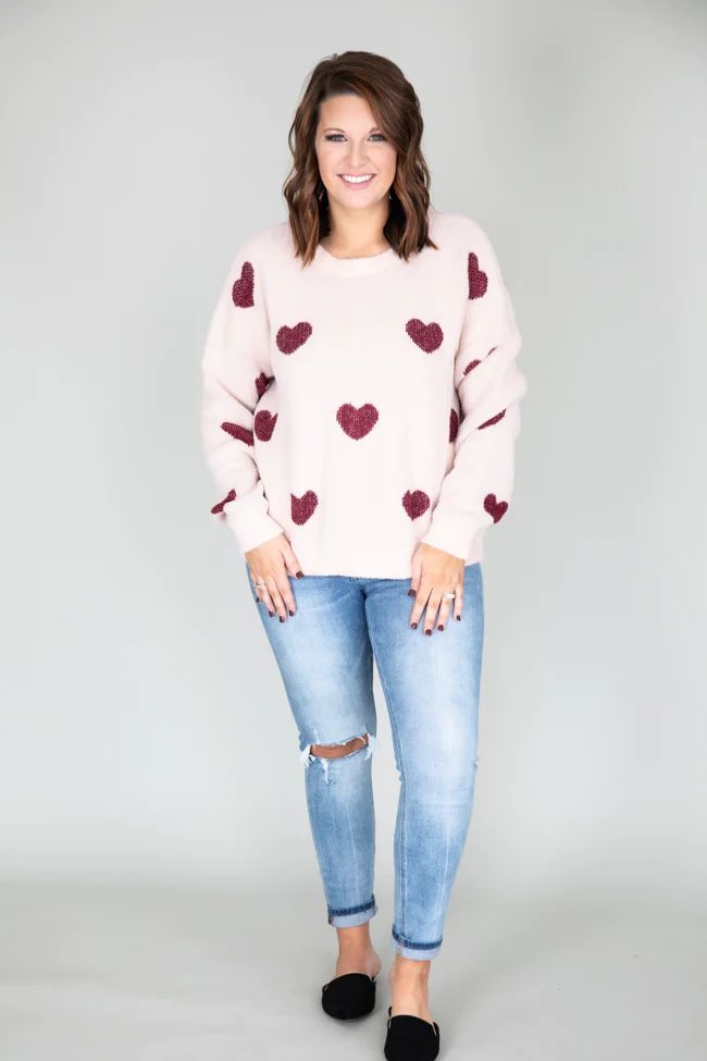 Serendipity Love Fuzzy Heart Pink Sweater | The Pink Lily Boutique