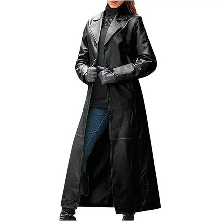 Suokom Women s Leather Trench Coat Women s Fashion Autumn and Winter Solid Long Leather Coat Imitation Leather Windbreaker Coat Black L | Walmart (US)