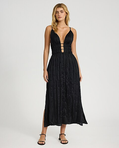 Crinkle Satin V-neck Sleeveless Strappy Midi Dress | Express