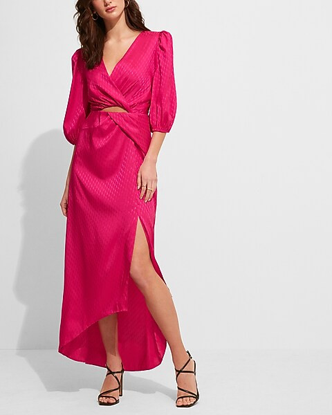 Faux Wrap Knotted Waist Hi-Lo Maxi Dress | Express