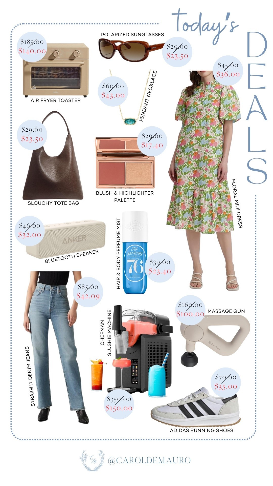 today's deals, amazon prime day deals, creator favorites 2026, discounted, sale, fashion deals, floral midi dress, polarized sunglasses, slouchy tote bag, air fryer, blush and highlighter palette, bluetooth speaker, hair and body mist, straight leg jeans, slushie maker, adidas running shoes, massage gun, sol de janeiro, anker, theragun, kitchen appliances
