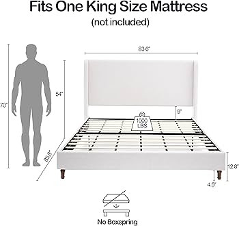 King 54" Tall Headboard Wingback Upholstered Platform Bed Frame Elegant Simplicity Textured Canva... | Amazon (US)