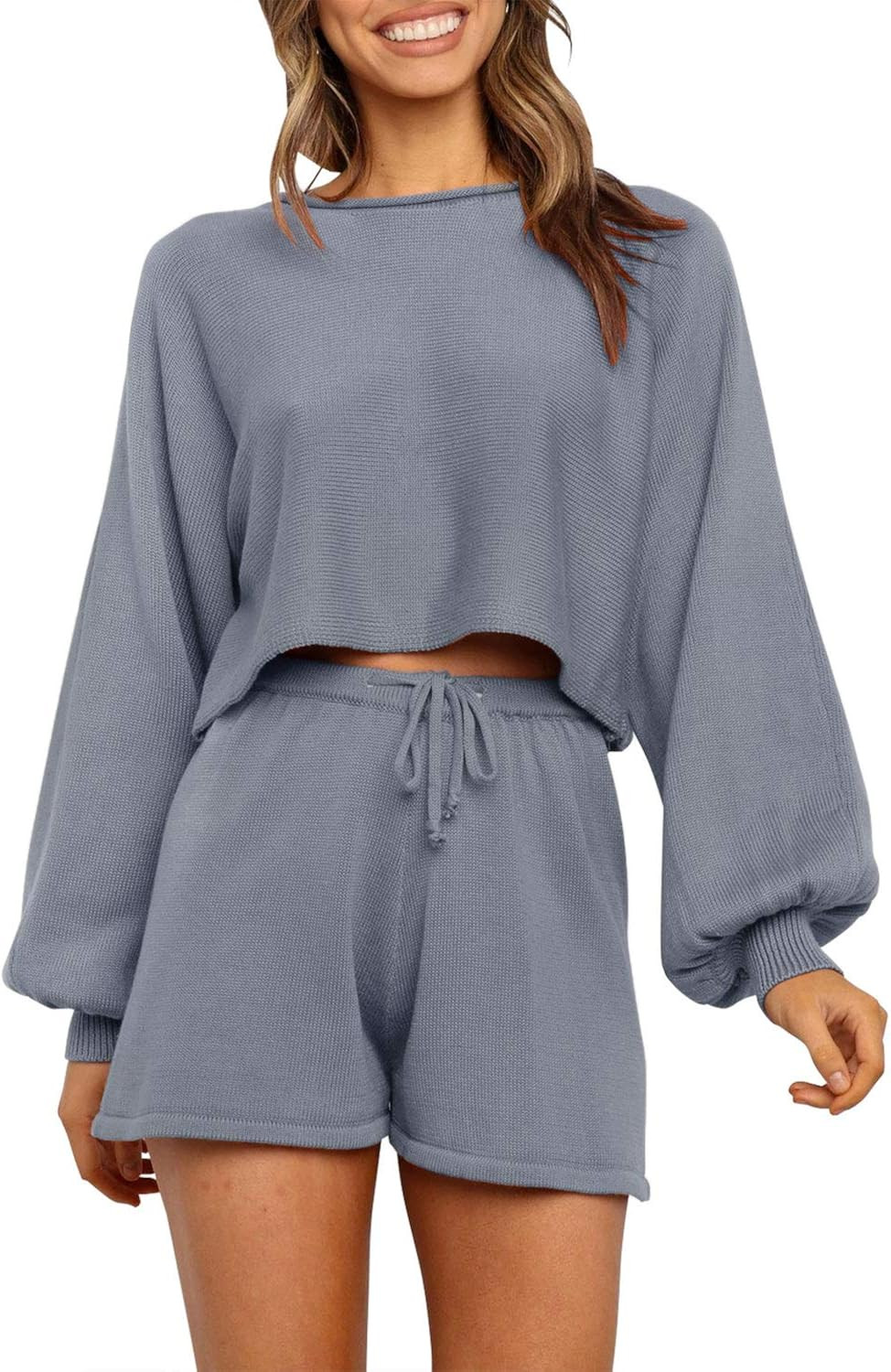 ZESICA Women's Casual Long Sleeve Solid Color Knit Pullover Sweatsuit 2 Piece Short Sweater Outfi... | Amazon (US)