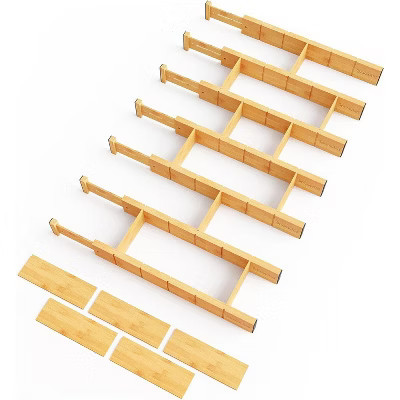Drawer Dividers, Expandable Bamboo Organizers with Inserts & Labels, Adjustable 17"–22", Set of 7 for Kitchen, Office, Dresser, Natural | Target