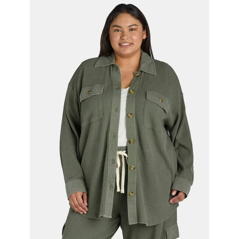 Terra & Sky Women's Plus Size Button Down Waffle Knit Shacket, 0X-4X | Walmart (US)