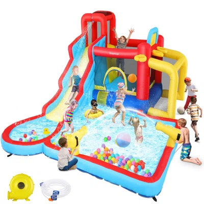 12.14' x 14.6' Inflatable Slide with Waterslide and Air Blower | Wayfair North America