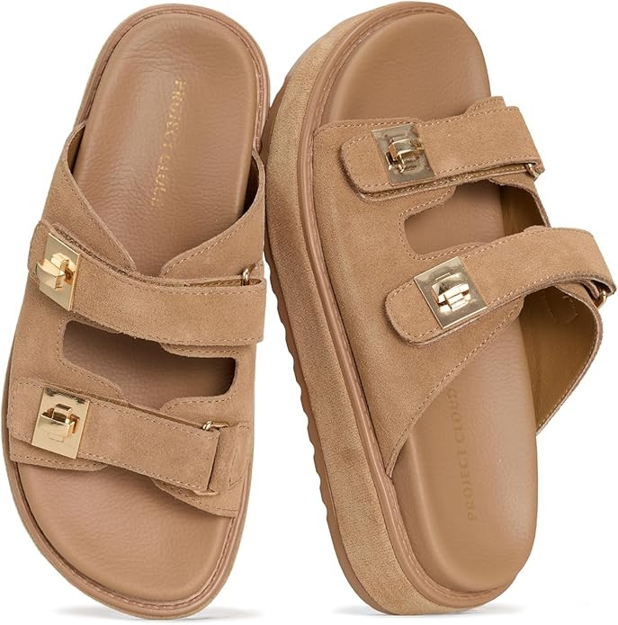 Amazon.com | Project Cloud 100% Genuine Leather Platform Sandals Women - Memory Foam Insole Slide... | Amazon (US)
