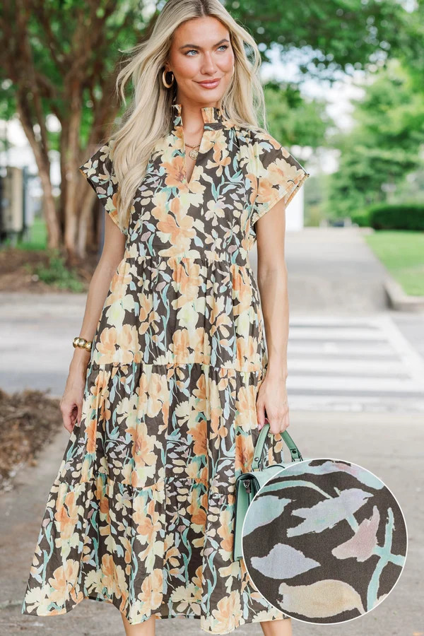 In Your Dreams Brown Floral Print Midi Dress | The Mint Julep Boutique