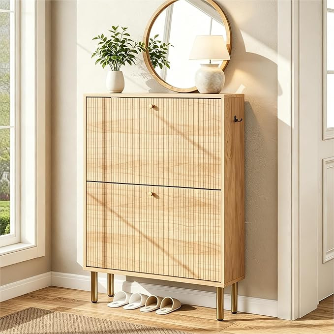 Nicetree Shoe Storage Cabinet for Entryway - Flip Shoe Cabinet with Tiered Fluted Design - Slim S... | Amazon (US)