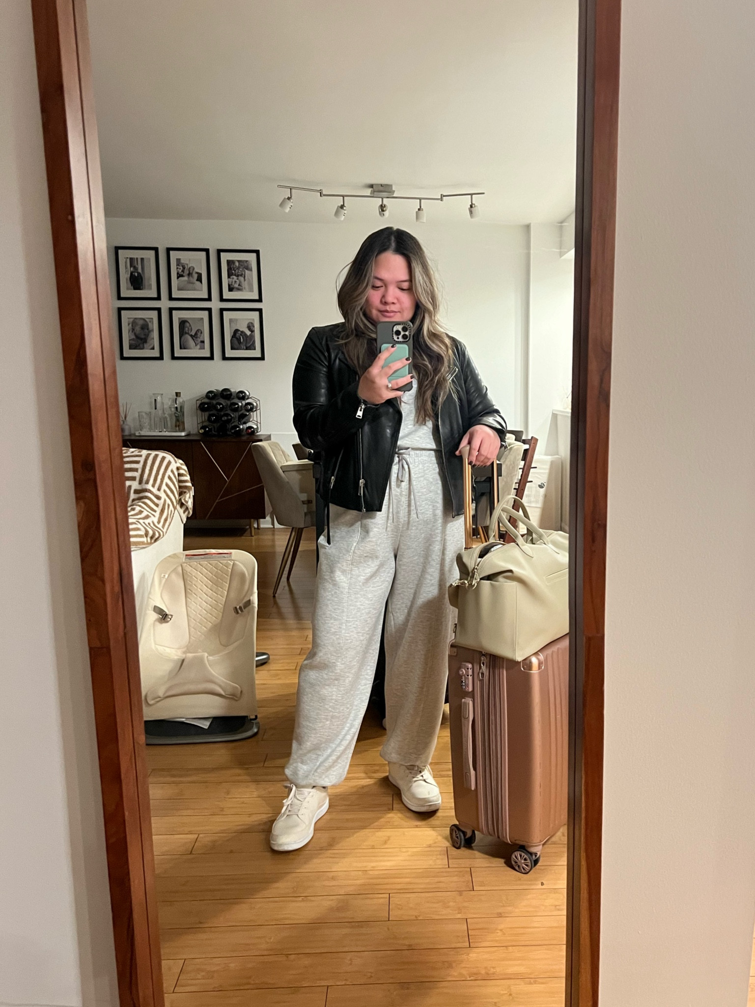 Travel outfit for a wedding weekend #Abercrombie #ypb #athleisure #onesie #jumpsuit #allsaints #leatherjacket #nordstrom #comfy #allbirds #calpak #luggage #weekendstyle #casual 

#LTKSpringSale #LTKtravel #LTKmidsize