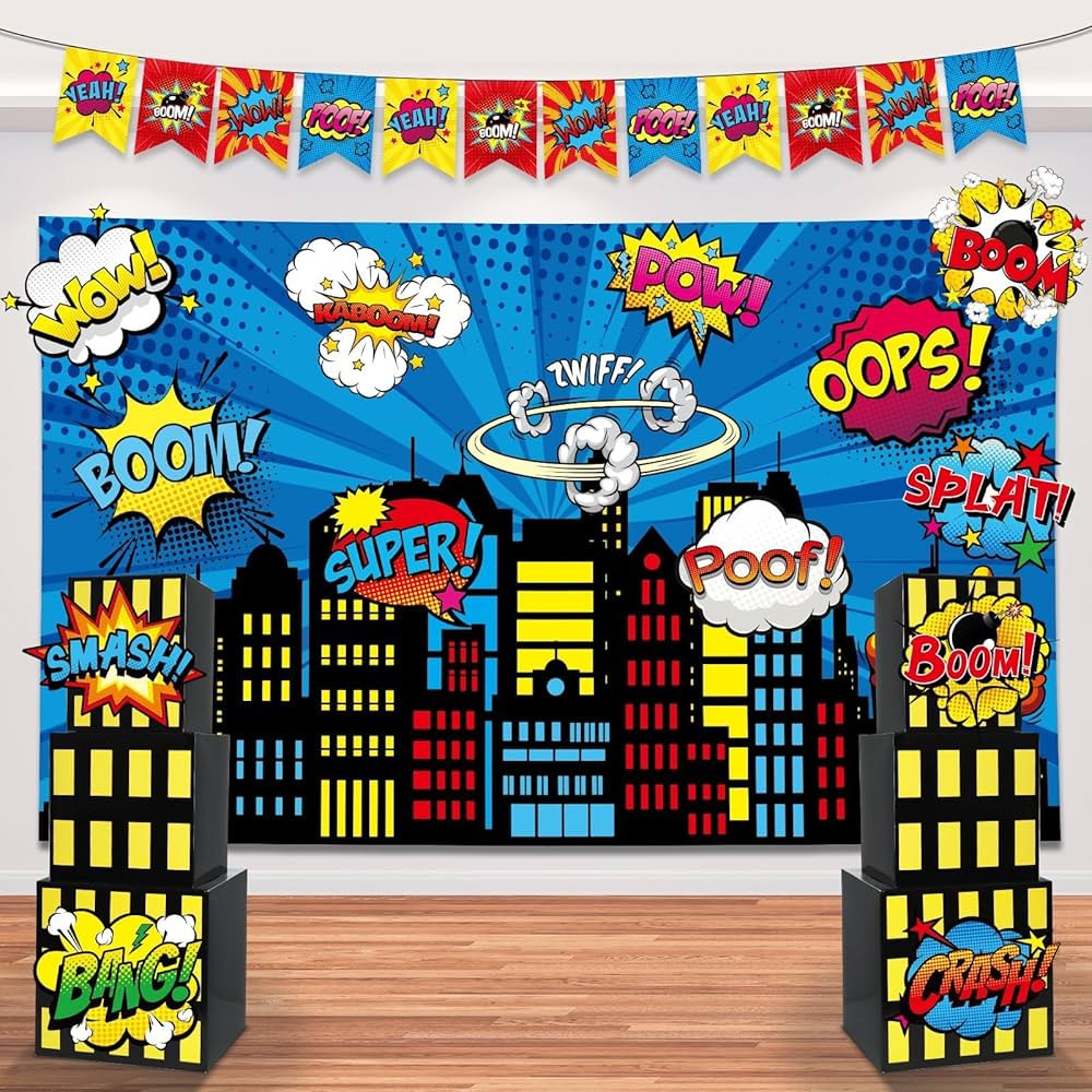 17Pcs Super Theme Hero Party Photography Backdrop for Hero Birthday Decorations with Hero Backgro... | Amazon (US)