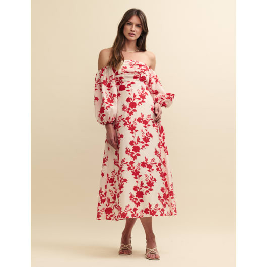 Red Floral Bardot Maxine Midi Dress | Nobody's Child
