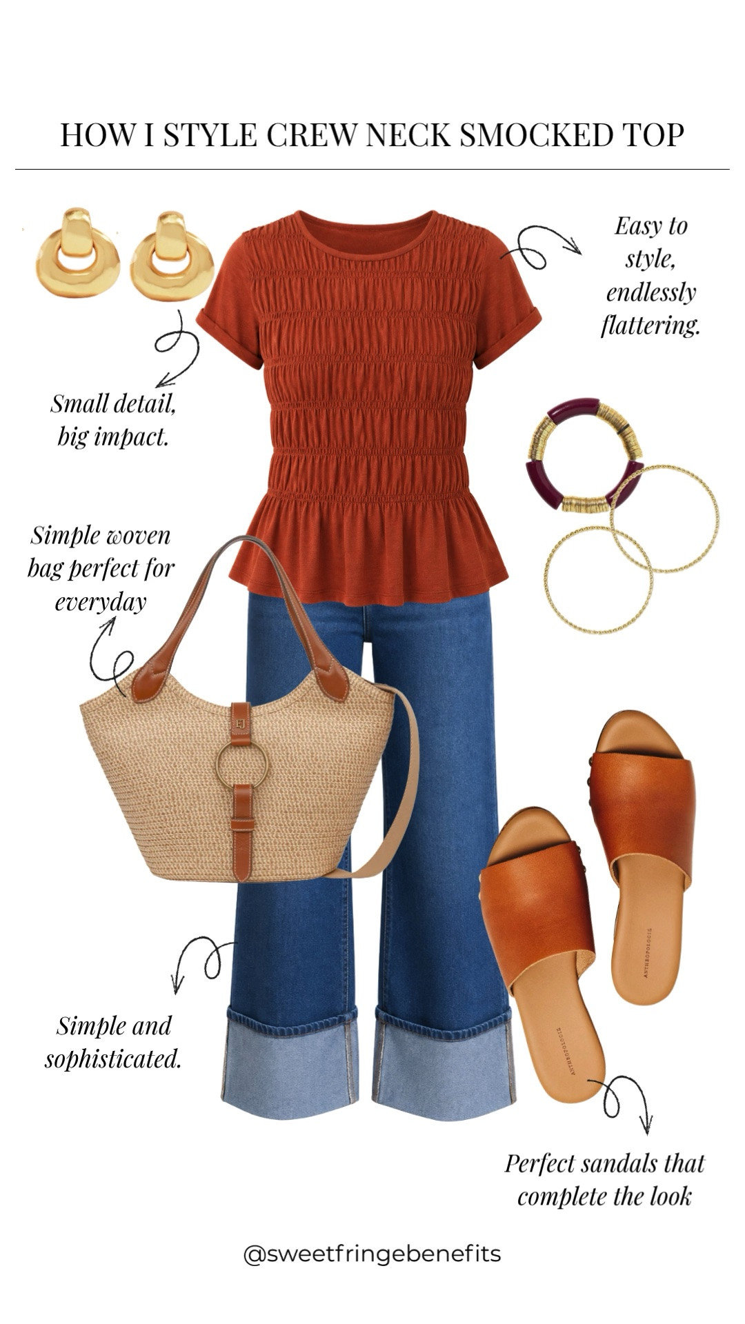 This rust smocked top is easy to style and beautifully flattering. Pair it with cuffed wide-leg jeans and simple leather sandals for an effortless everyday look.

💡 LTK MADE EASY
❤️ Heart = Support my posts!
🔖 Save = Get sale & restock alerts
📋 Lists = Keep favorites organized
📲 Share = Send lists and products to a friend. Hello, Christmas List!
💬 Comment = Ask me anything about what I'm wearing.:-)

#LTKgrwm #LTKootd #LTKOver40