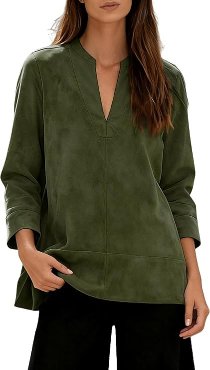 Xaspee Women's Faux Suede Blouse Split V Neck 3/4 Sleeves Loose Fit Lightweight Casual Trendy Top... | Amazon (US)