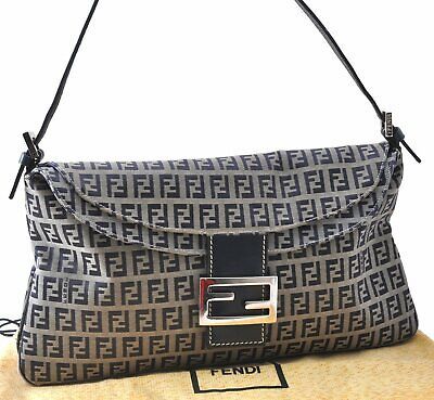 Authentic FENDI Zucchino Mamma Baguette Shoulder Bag Canvas Leather Navy A7627 | eBay AU