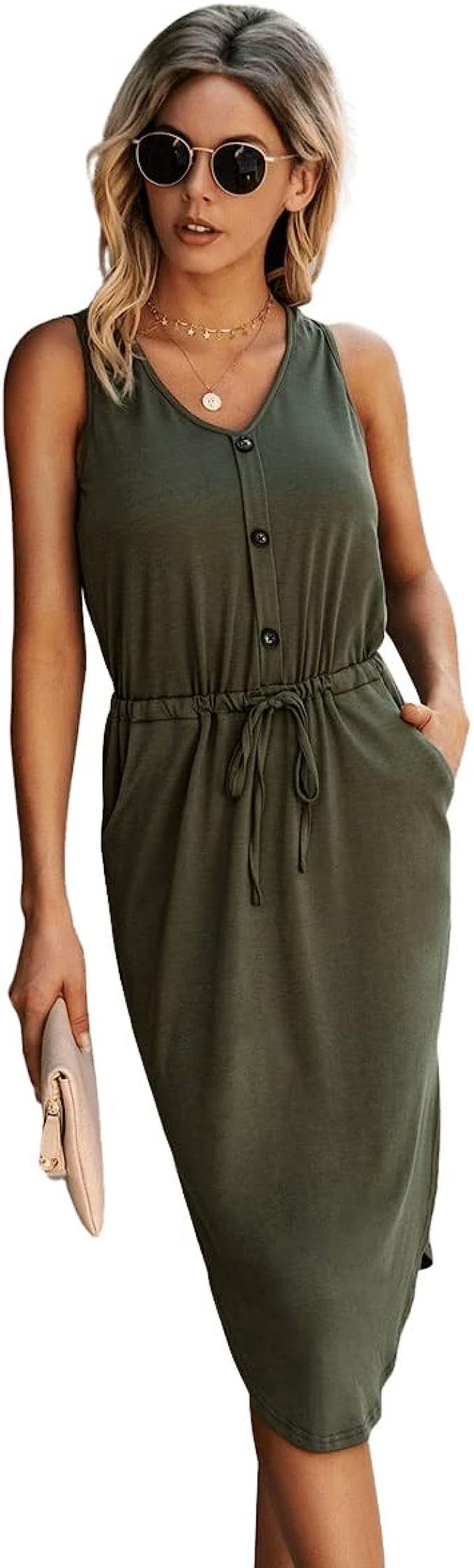 SweatyRocks Women's Sleeveless Adjustable Waist Button Midi Dress with Pocket | Amazon (US)