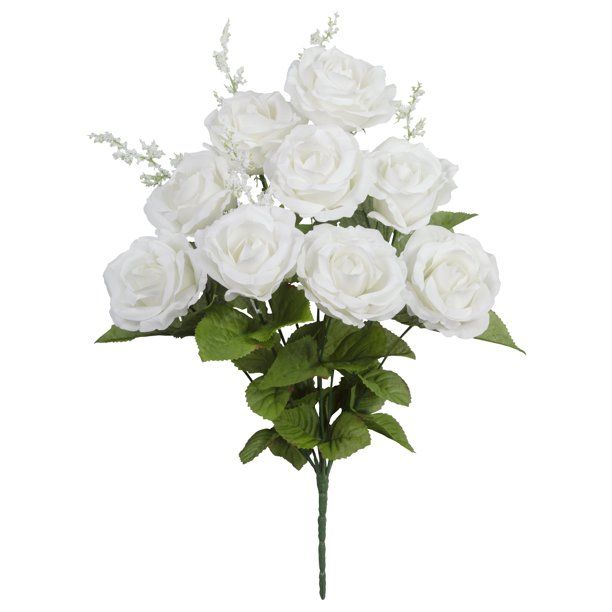 Mainstays 17" Artificial Polyester/PE/Iron Wire 9 Heads Mixed Rose Bush, White | Walmart (US)