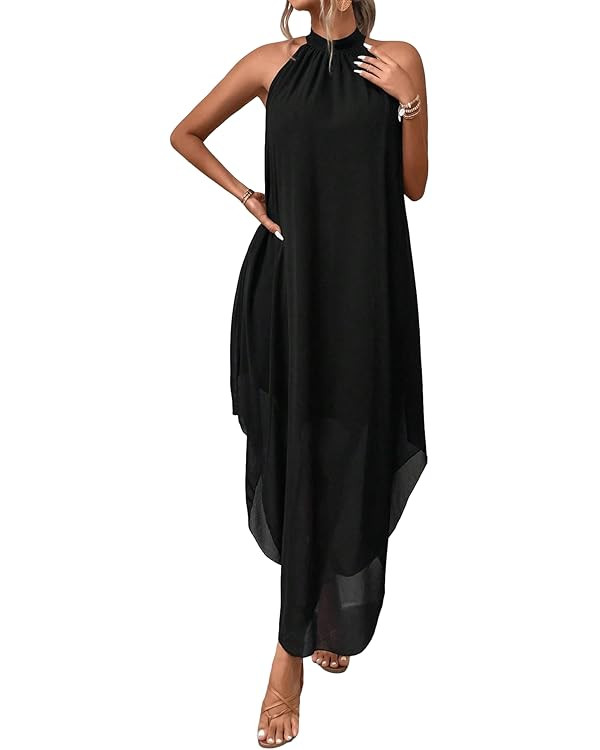 Verdusa Women's Fall Formal Wedding Guest Dress Halter Flowy Sleeveless Asymmetrical Maxi Boho Dr... | Amazon (US)