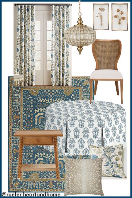 Tole art, colorful and high quality rug, upholstered skirted ottoman, accent table with spindle legs, cane dining chair, wood accent chair, floral curtains, French country decor, cottage style decor, toss pillows, accent pillows, cottagecore pillows, crystal faceted pendant light fixturee

#LTKhome #LTKsalealert #LTKSeasonal