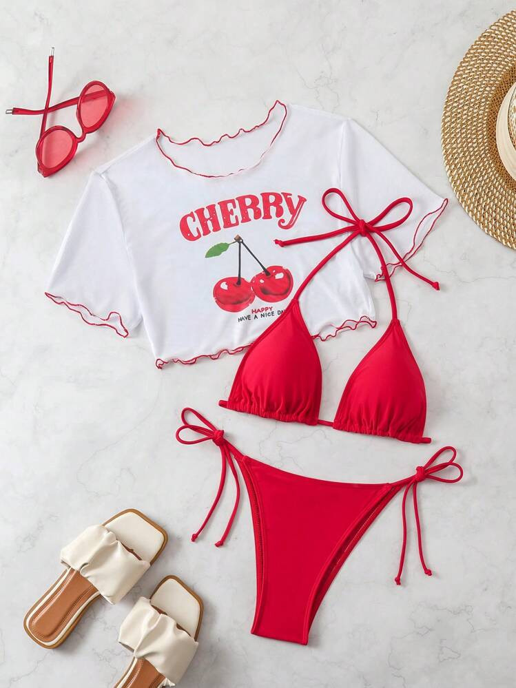 Swim Mod Women's Solid Color Halter Tie Sexy Bikini Swimwear Set With Cherry Print Cover Up Top Summer | SHEIN