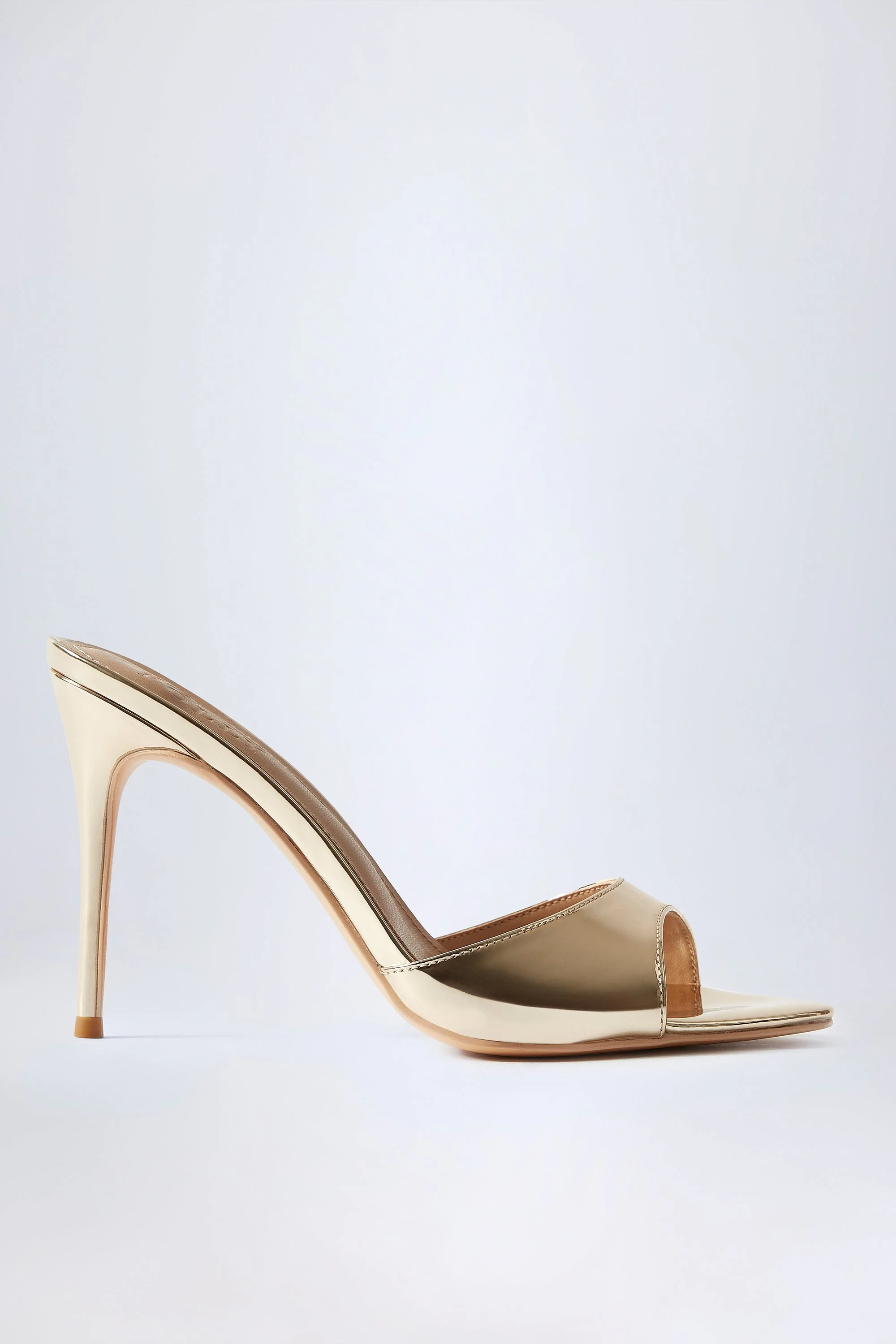 Almond-Toe Heeled Mules in Mirrored Gold | Oh Polly