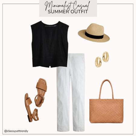 Minimalist casual summer outfit

Black linen top
White linen pants
Brown strap sandals