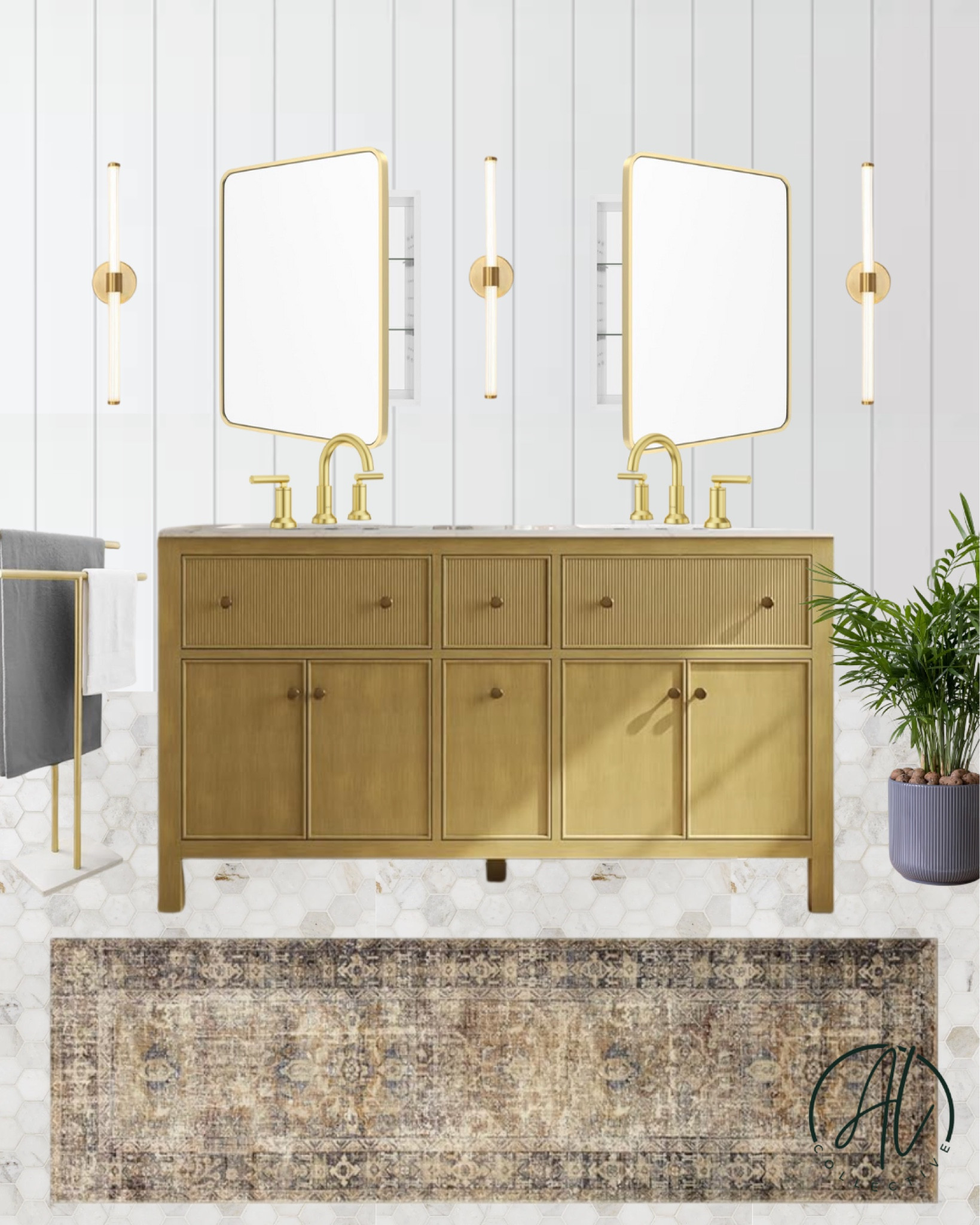 Bathroom design. Mood board. Recessed medicine cabinet. Bathroom mirror. Vanity cabinet. Vanity light. Towel rack. Rug. lol. Bathroom faucet. Marble tile. Gold  

#LTKHome