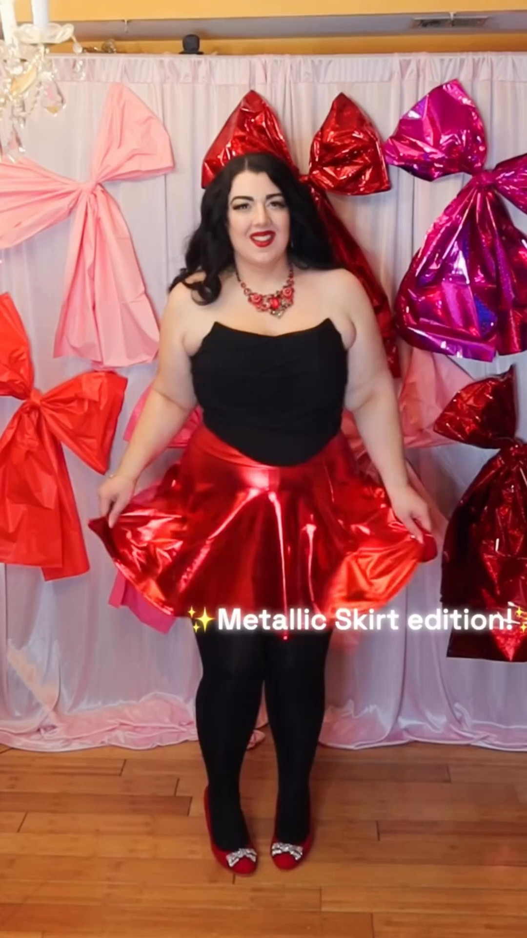 ❤️✨Happy weekend friends!  A shiny red metallic skirt is a fun piece to build an outfit around if you ask me! I added a simple black corset top, tights, red heels, and accessories! 🎀 Would you wear a metallic skirt?  I have this one in pink and they have a couple other colors on @amazonfashion also! 

Links to this look in my story and LTK!💕

#metallicskirt #curvystyle #datenightoutfit #plussizefashion #femininestyle 

Date night look  outfit of the night  ootd  bold fashion

#LTKMidsize #LTKPlusSize #LTKootd