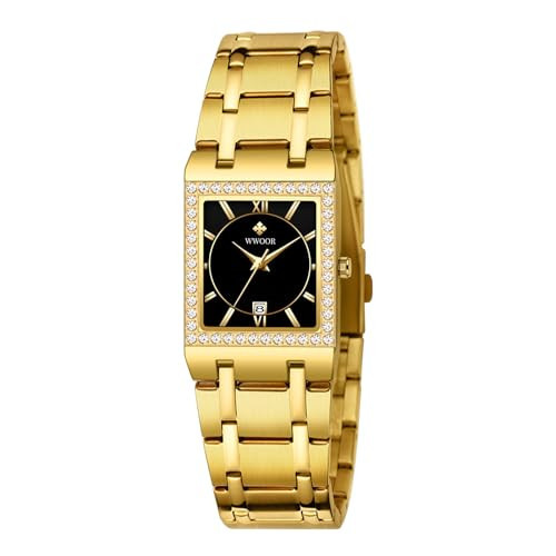 WWOOR Black Gold Watches for Women Dainty Ladies Quartz Watch Vintage Square Shape Japanese Quartz Movement 3ATM Waterproof Fashion Female Luxury Dress Wrist Watch | Amazon (US)