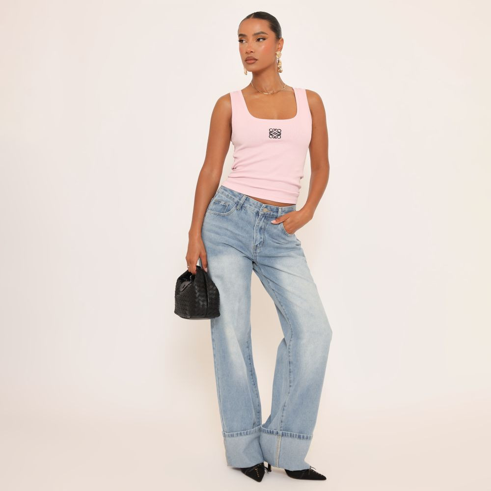 Low Rise Turn Up Hem Detail Wide Leg Jeans In Washed Blue Denim | EGO (UK)