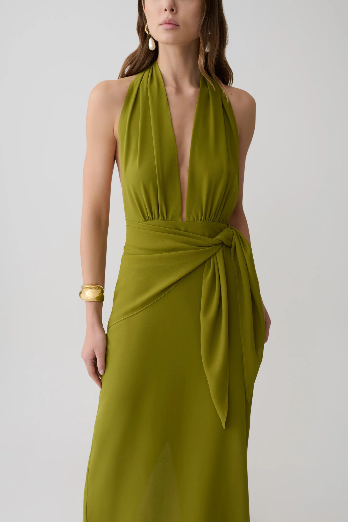 Gianna Satin Halter Maxi Dress - Olive | MESHKI US