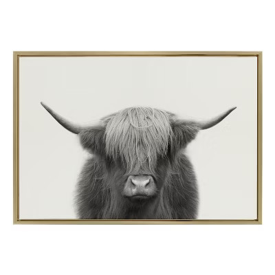 Kate and Laurel Sylvie Hey Dude Highland Cow Framed Linen Canvas by The Creative Bunch Studio, 23x33, Bright Gold | Target