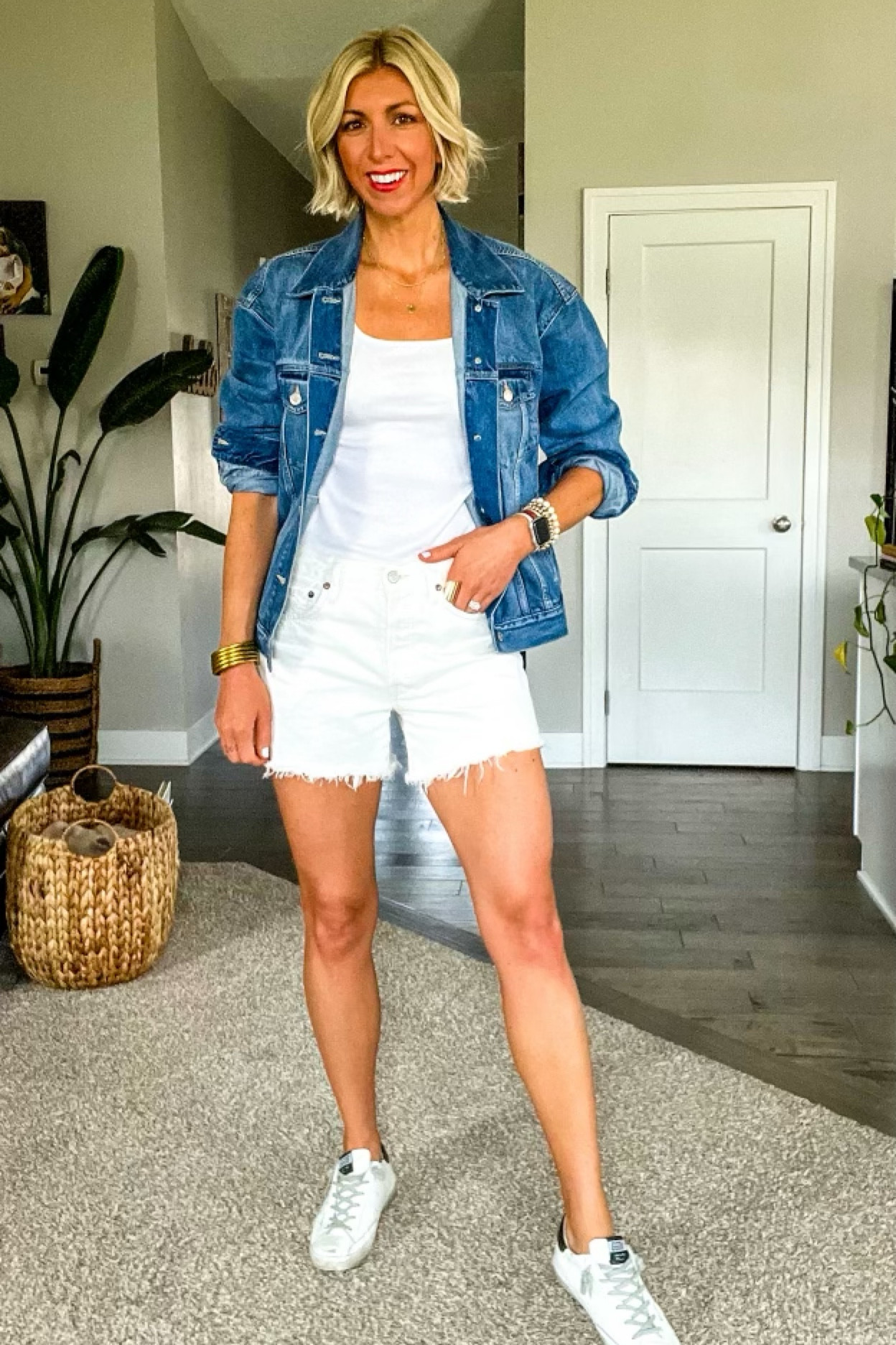 Improve your style: white sneakers with white shorts and a basic tee + denim jacket #SarahKellyStyle #SummerOutfit #Sneakers

#LTKstyletip #LTKshoecrush #LTKFind