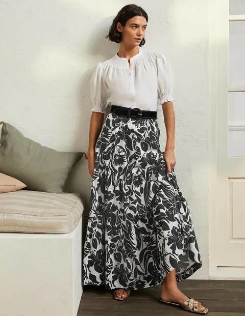Lorna Tiered Maxi Skirt - Black, Oriental Bird | Boden UK | Boden (UK & IE)