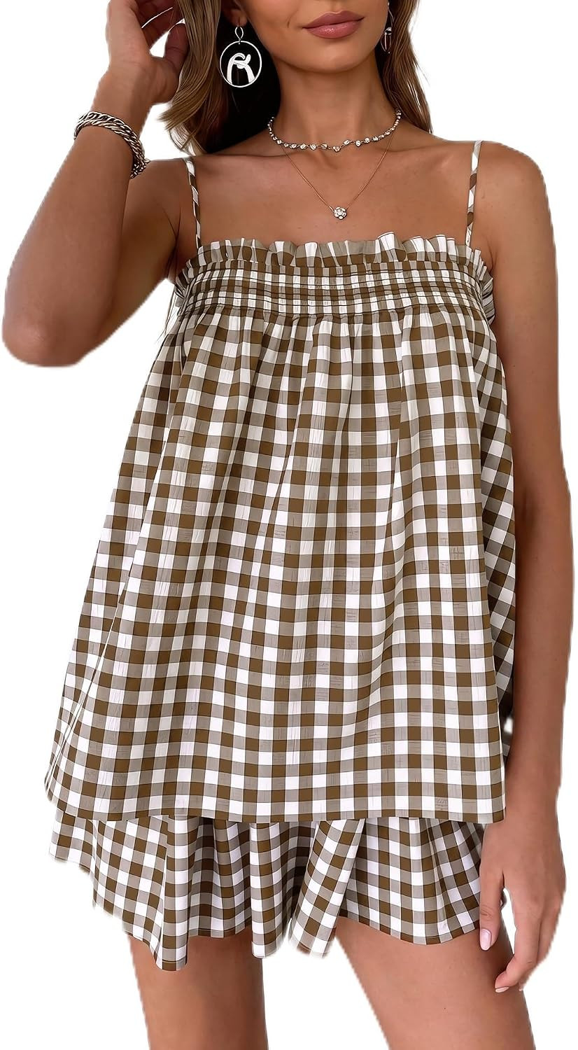 Women's Gingham 2 Piece Pajama Sets Babydoll Smocked Cami Top And Shorts Lounge Sleepwear Summer Outfits | Amazon (US)